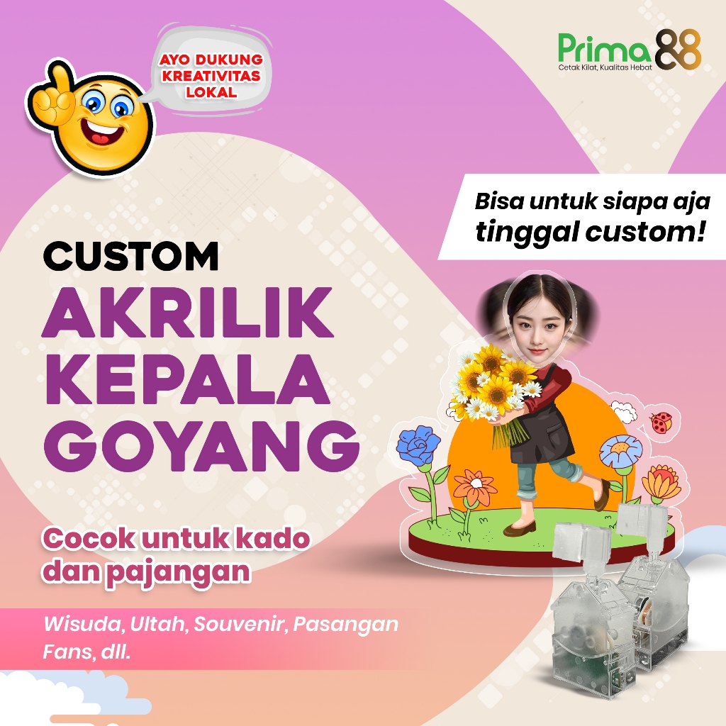 Custom Kepala Goyang Akrilik – Pajangan Dashboard Mobil | UV Print | Express / Sameday