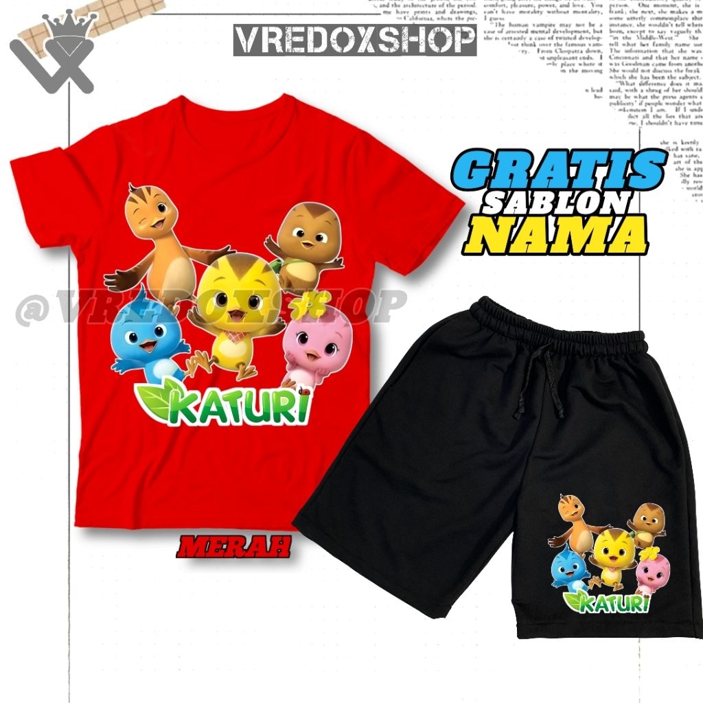 (Free Nama) Setelan Kaos Celana Pendek Anak Gambar Kartun Katuri / Set Baju Katuri Cartoon Anak Vira