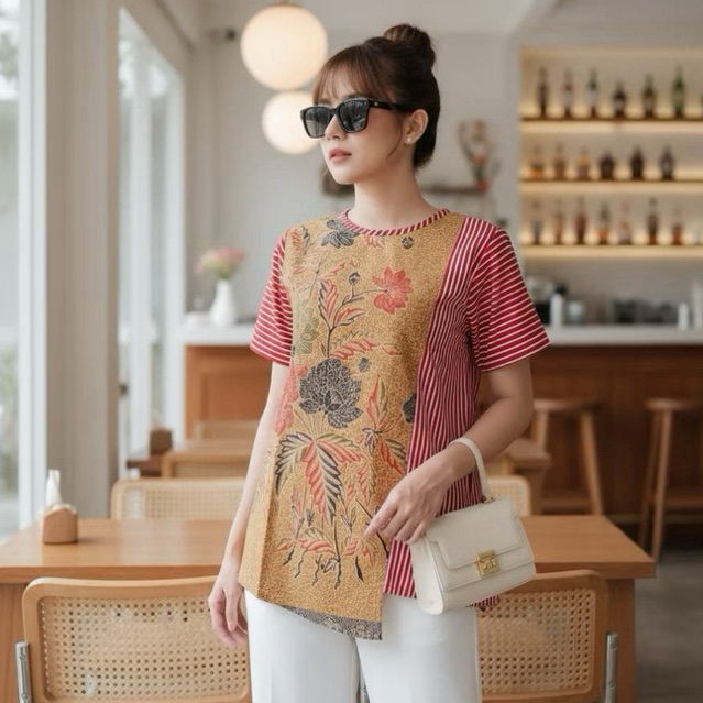 Shanaya Baju batik wanita Blus Angelika Bunga Kombinasi Salur Garutan Blus Batik Lengan Pendek Canti