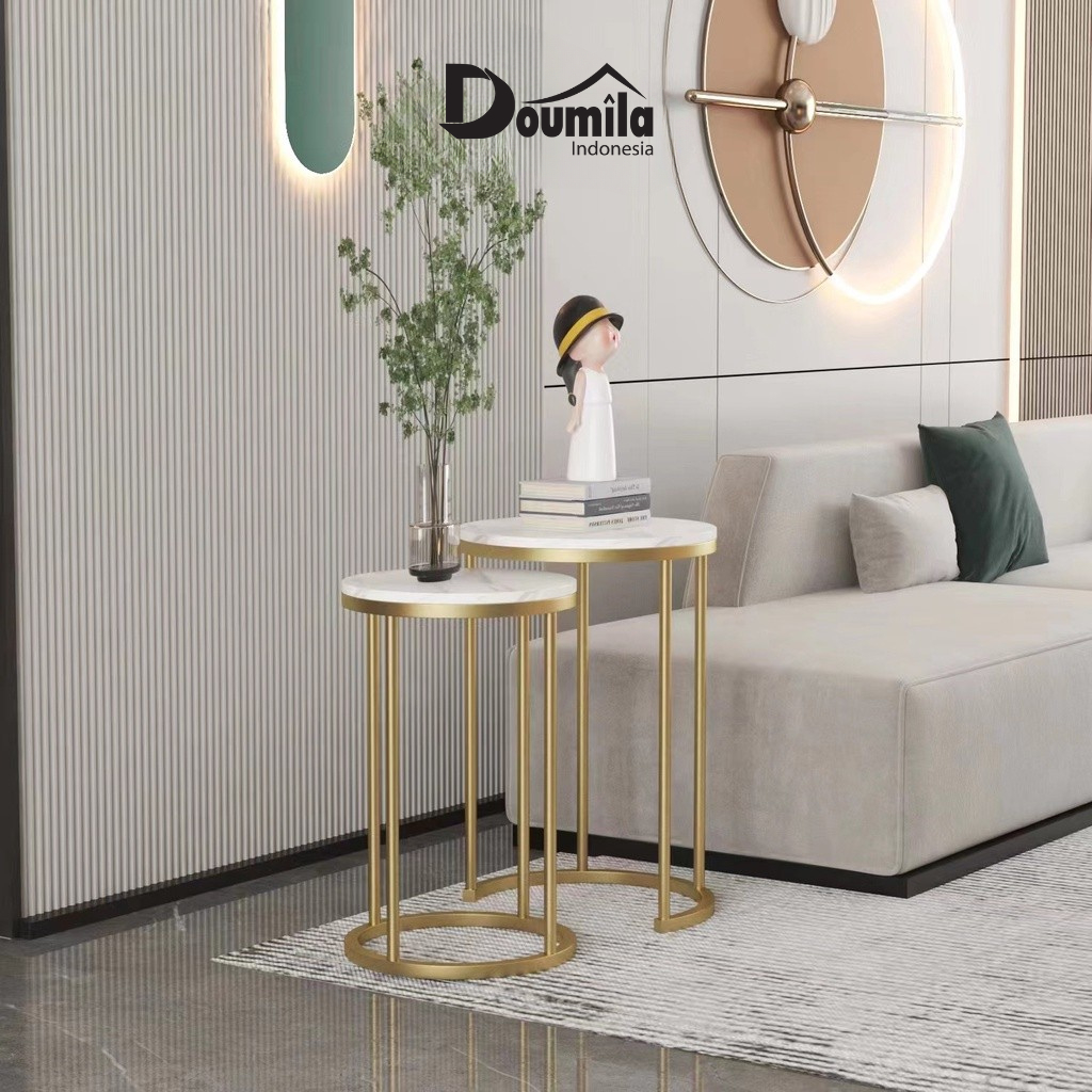 Meja Marmer Minimalis - Meja Samping Marmer dengan Kaki Besi | Set 2 Meja, Cocok untuk Ruang Tamu
