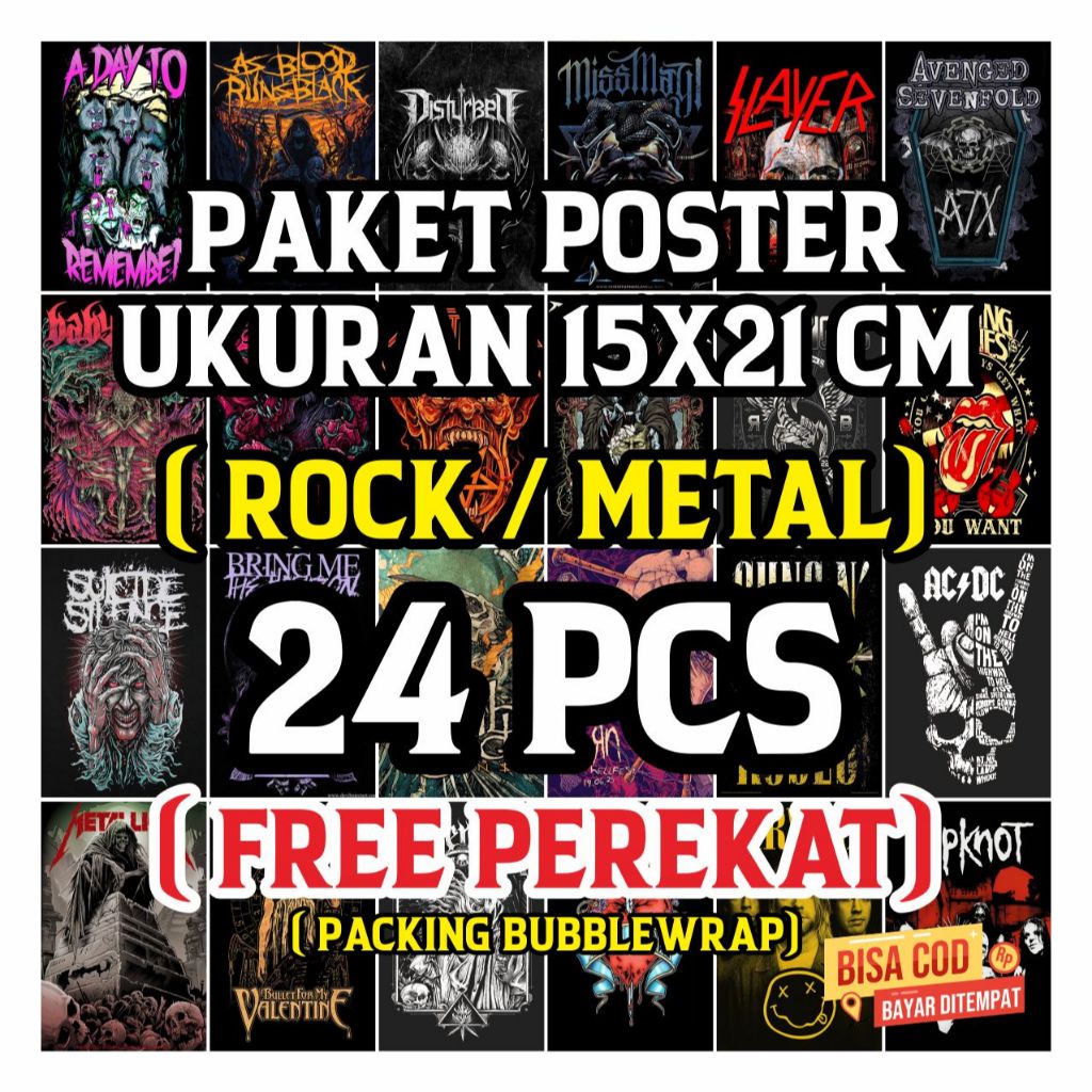 poster dinding rock/metal ukuran 15x21 cm isi 24 pcs poster custom band