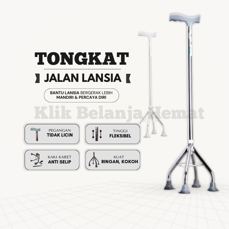 Tongkat Jalan Stainless/Tongkat Jalan Lansia/Tongkat 4 Kaki/Tongkat 3 Kaki dengan ring