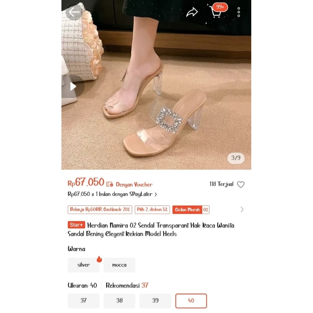 Sendal Heels Wanita Hak Kaca Masih Baru NEW bukan Preloved