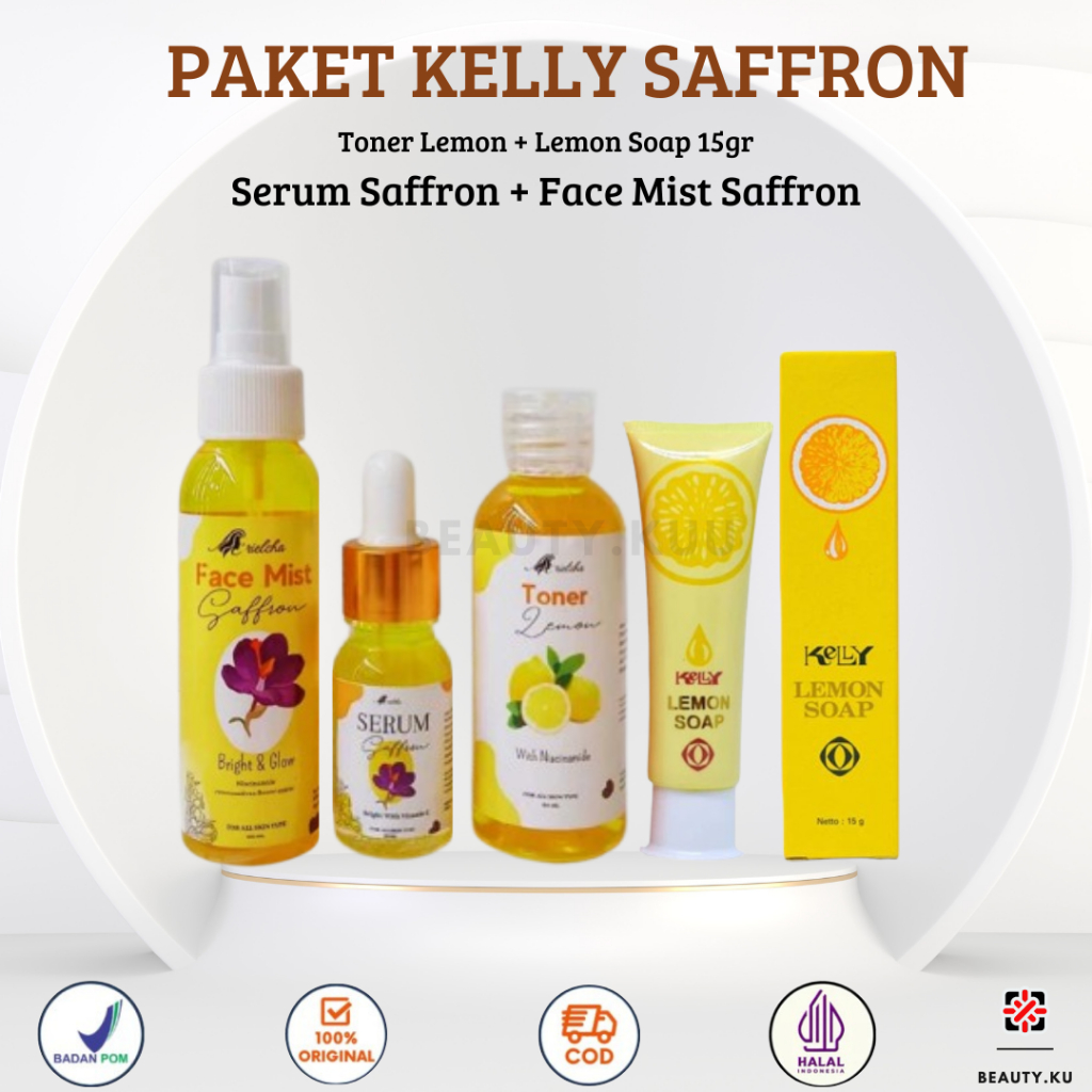 Paket Saffron Glowing Kelly Lemon Soap 15gr + Serum Saffron + Toner Lemon + Face Mist Saffron Mencer