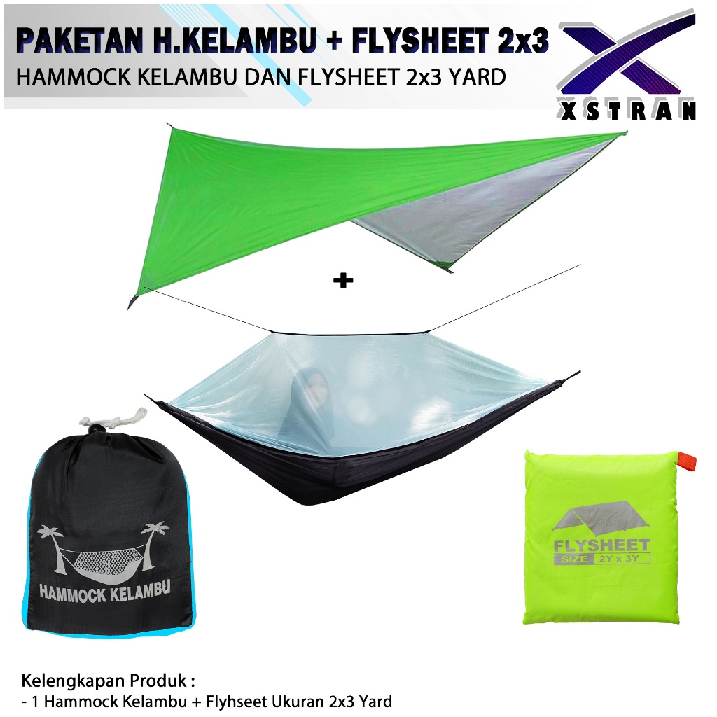 Paketan Hammock Kelambu Plus Flysheet 2x3 Yard Waterproof Camping Outdoor