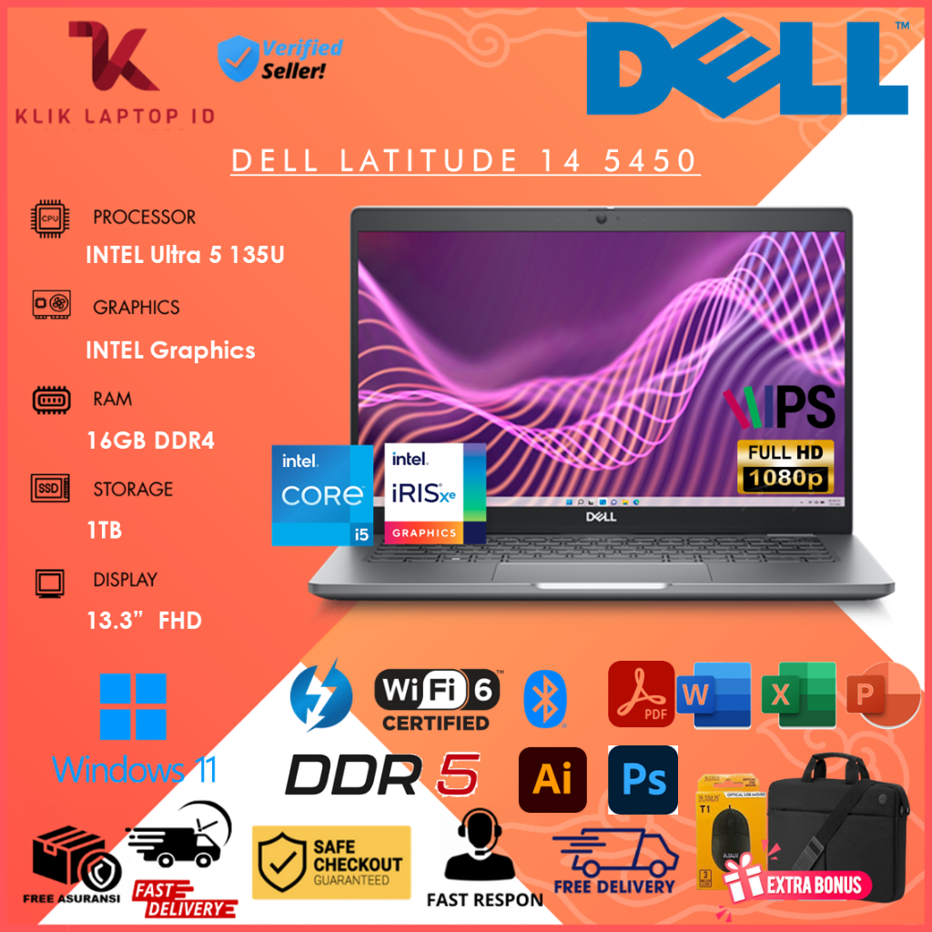 Laptop Dell Latitude 14 5450 Intel Ultra 5 135U Ram 16GB 1TB SSD 14 in FHD Windows11 Pro