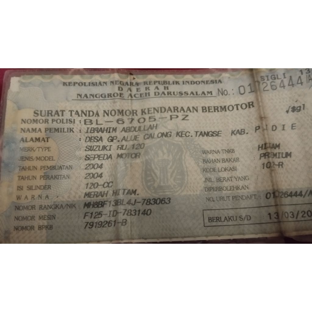buku dokumen satria hiu plat bl