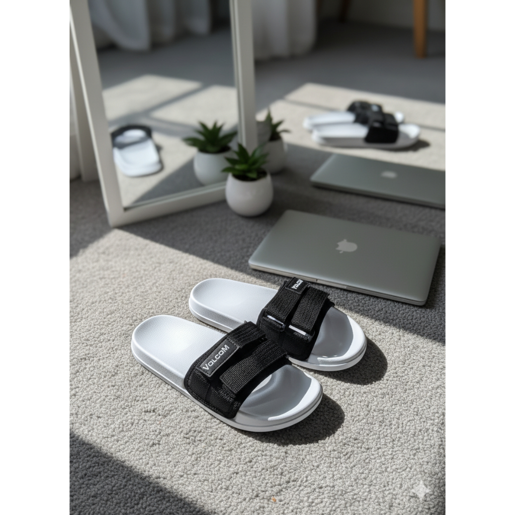 Volcom - Slide White Black Sandal Wanita Pria | Sandal Slide Volcom Sandal Couple Sandal Cewe Dan Co
