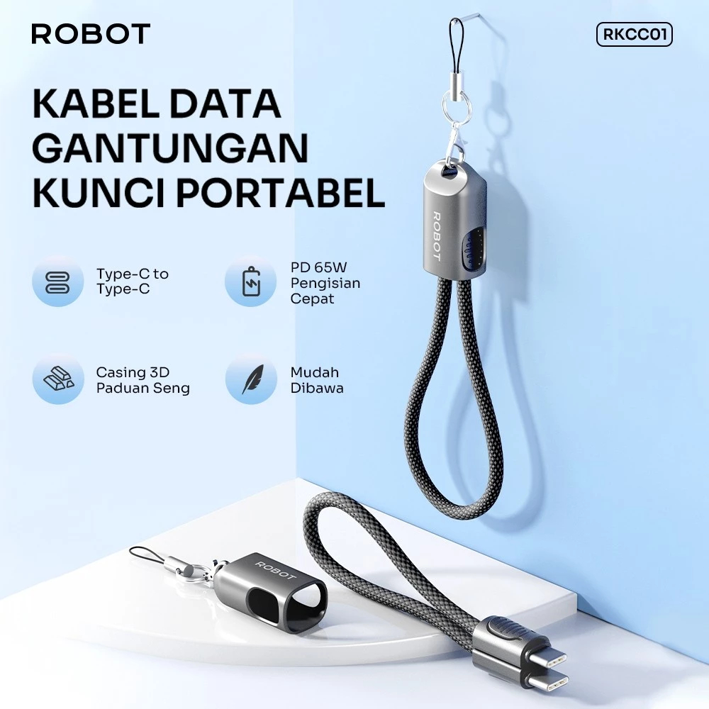 ROBOT RKCC01 KABEL DATA LANYARD TYPE-C TO TYPE-C 65W FAST CHARGING TIPE C TALI GANTUNG HP PANJANG 20