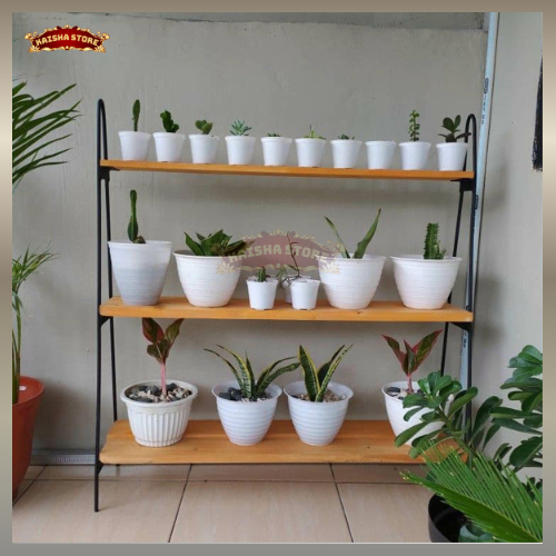 Rak Bunga Tempat Pot Bunga Besi Kayu 3 Susun Minimalis Rak Tanaman Hias Susun Modern