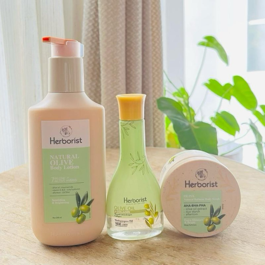 PAKET Herborist Natural Olive Body Lotion 200 ml + Olive Oil+Collagen Minyak Zaitun 75 ml + Olive Na
