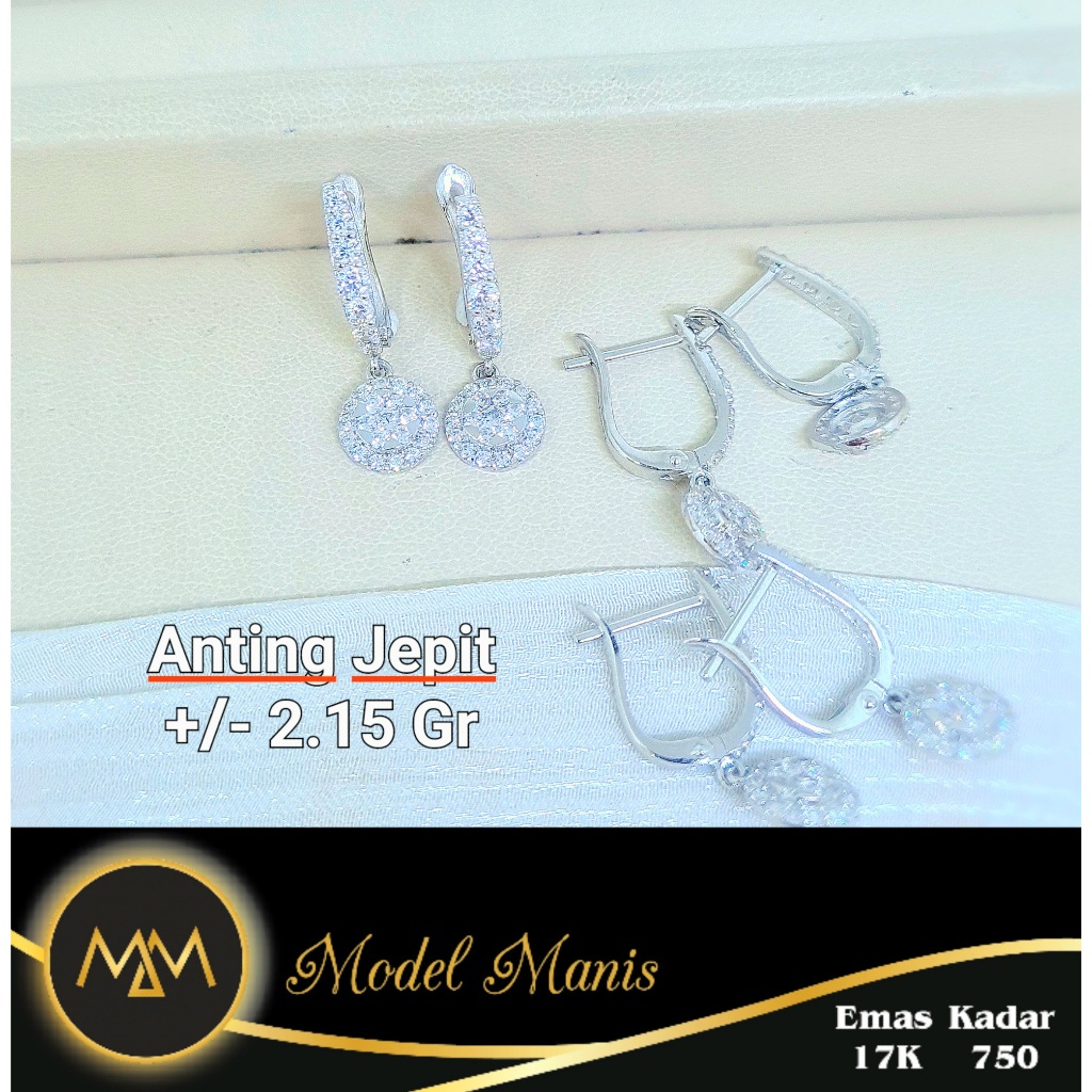 Model Manis Gold - Anting Jepit Bulat Tabur Putih - Emas 17k 750