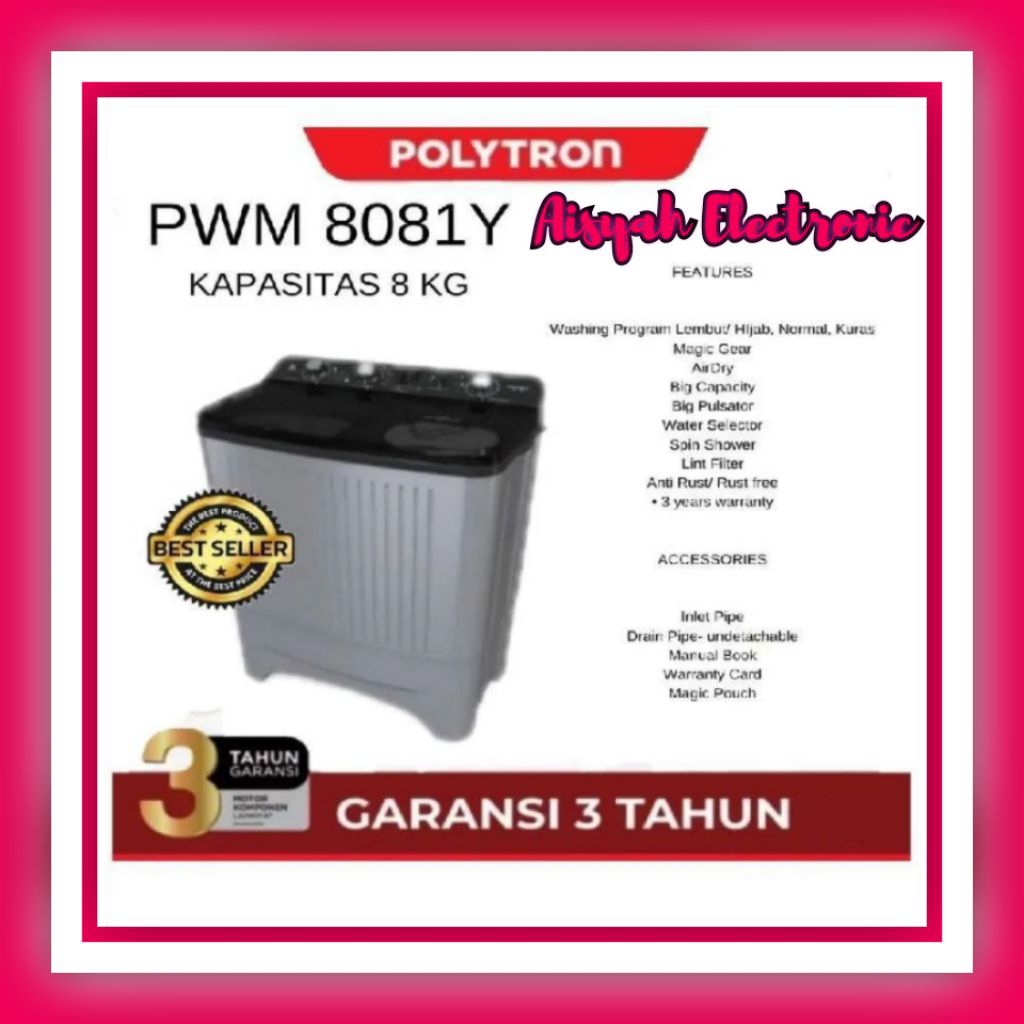PROMO MESIN CUCI POLYTRON 8KG PWM-8081Y GARANSI 3 TAHUN
