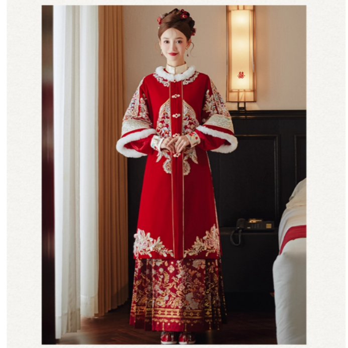 Kerah bulu Xiuhe Hanfu atasan jubah wajah kuda rok pernikahan Cina selendang hangat