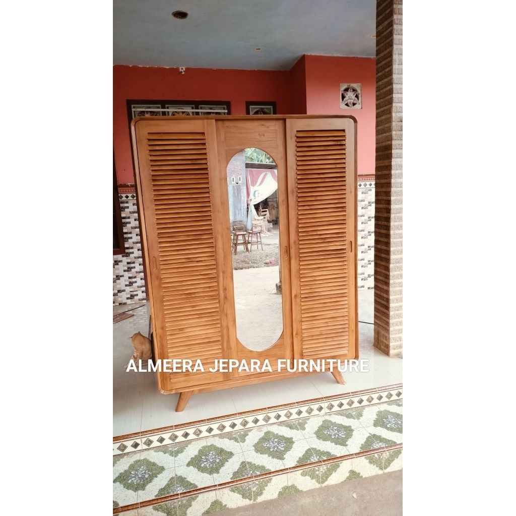 Lemari Pakaian 3 Pintu Kayu Jati/Lemari minimalis kayu jati Almari Baju pintu 3