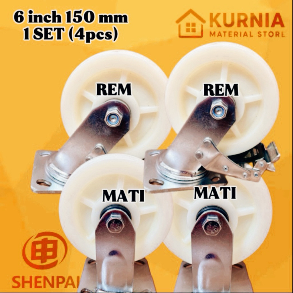 (4 pcs ) Roda Troli 6 inch 150 mm Nylon Heavy Duty (2 Rem + 2 Mati )