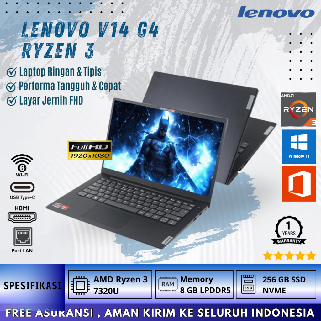 Laptop Lenovo V14 G4 AMN Ryzen 3 7320U RAM 8GB DDR5 SSD 256GB Layar 14” FHD - FREE INSTAL