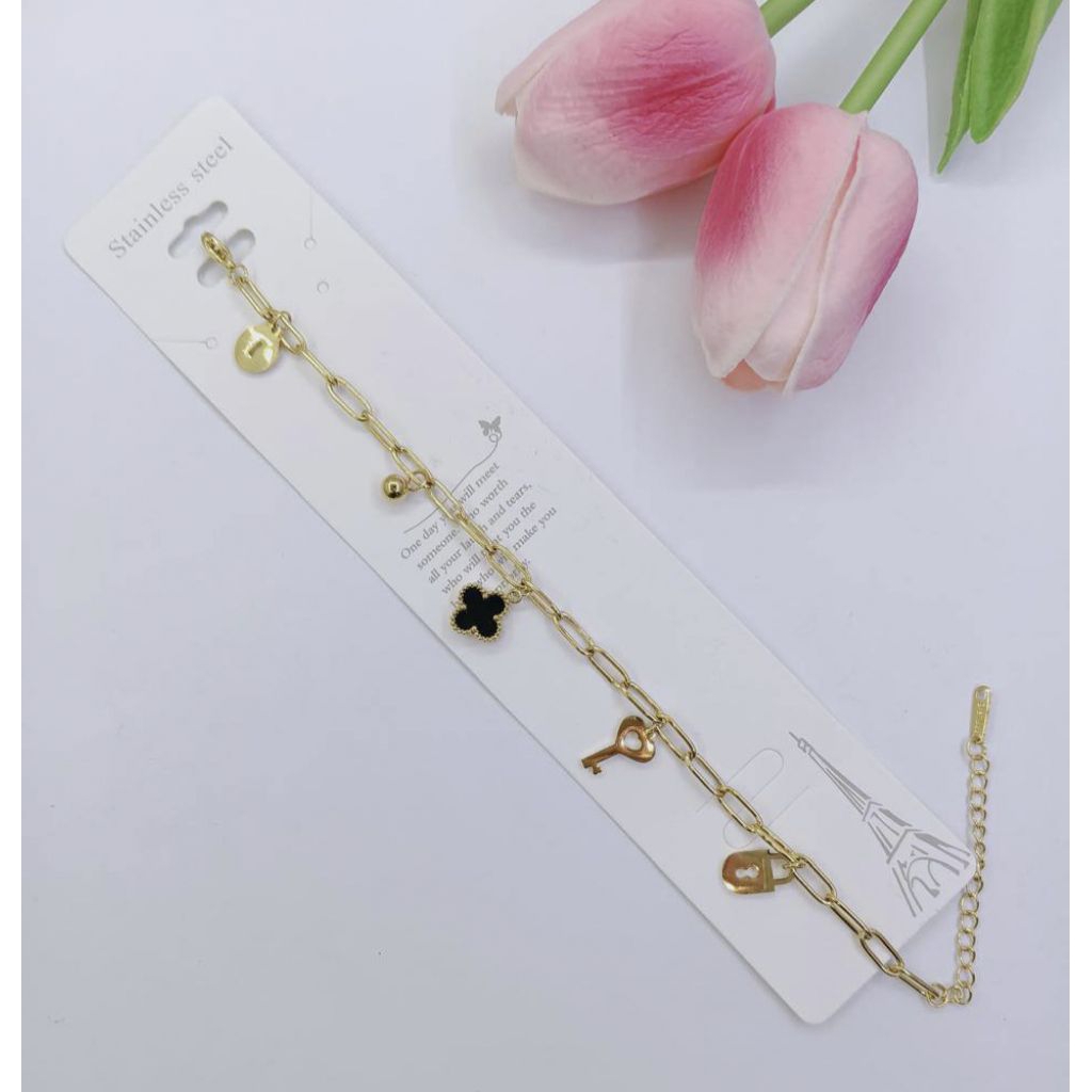 Gelang Titanium Wanita Premium Anti Karat Anti Luntur Fashion Aksesoris Clover Kunci Gembok