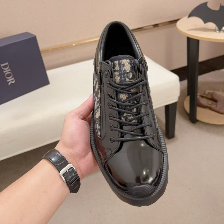Dior Classic Sports Leather Shoes Black Men's Kulit cerah hitam sepatu ayah mode Sepatu kulit sapi b