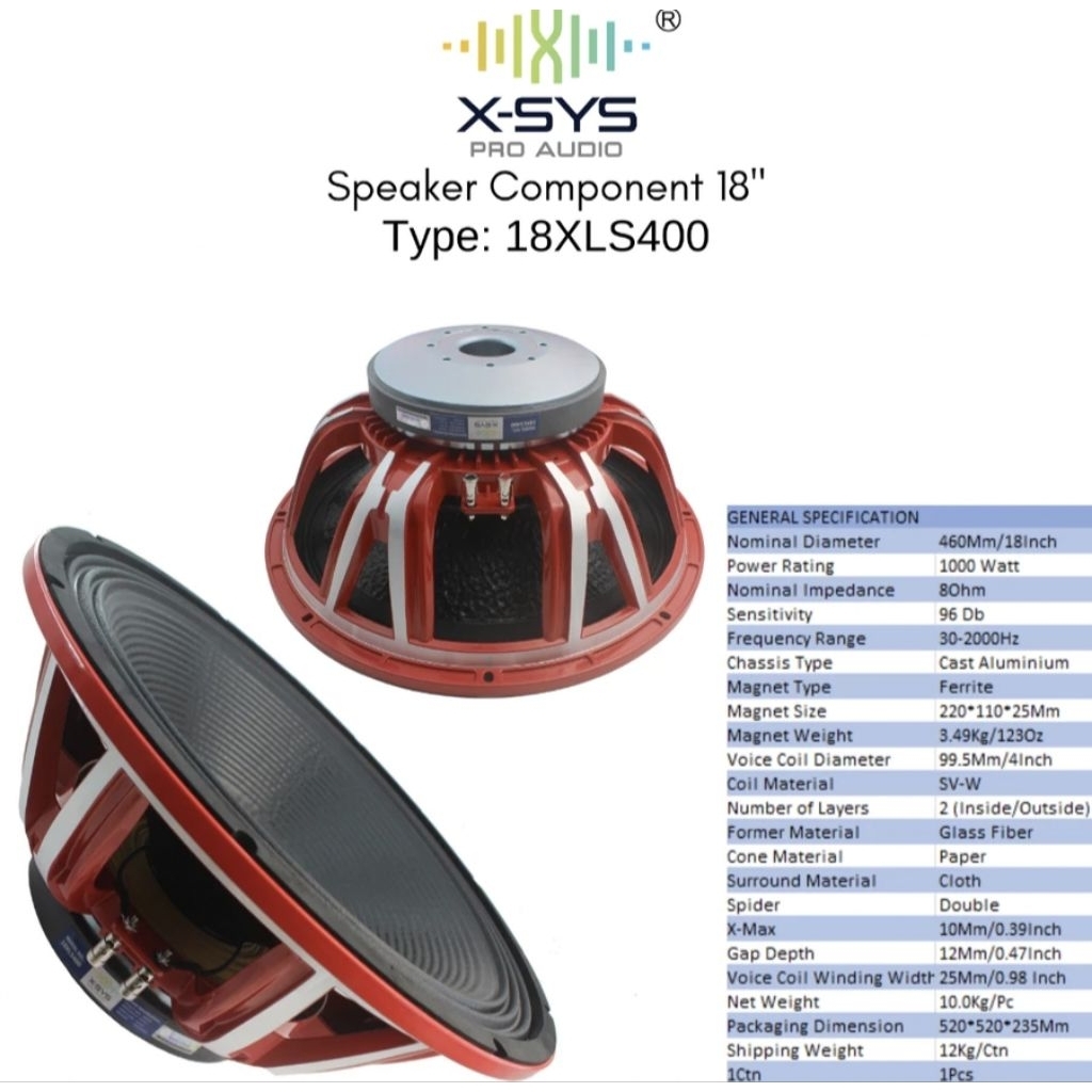 Speaker / Speker Komponen X Sys 18 inch coil 4 Type 18 XLS 400