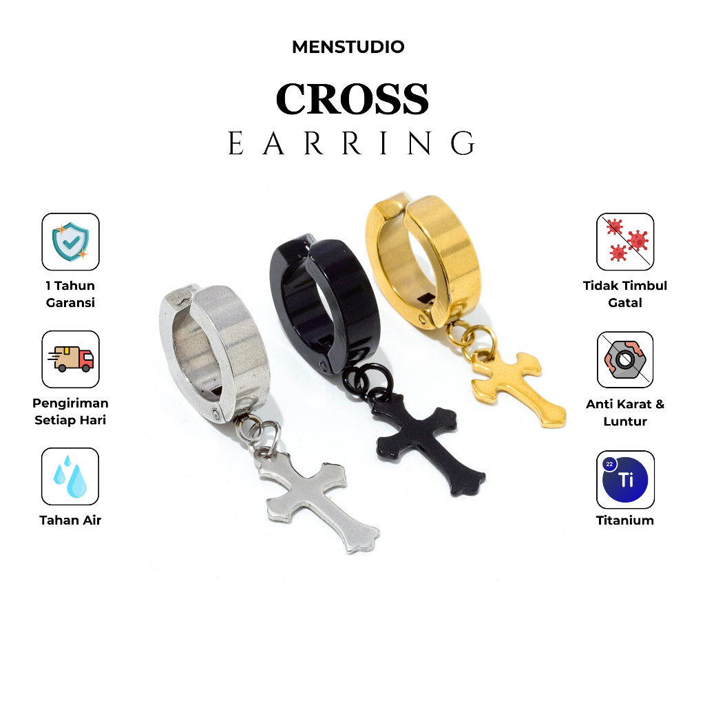 MENSTUDIO - Anting Salib Jepit Pria Cowok Titanium Anti Karat Luntur Premium Hitam Silver - Cross