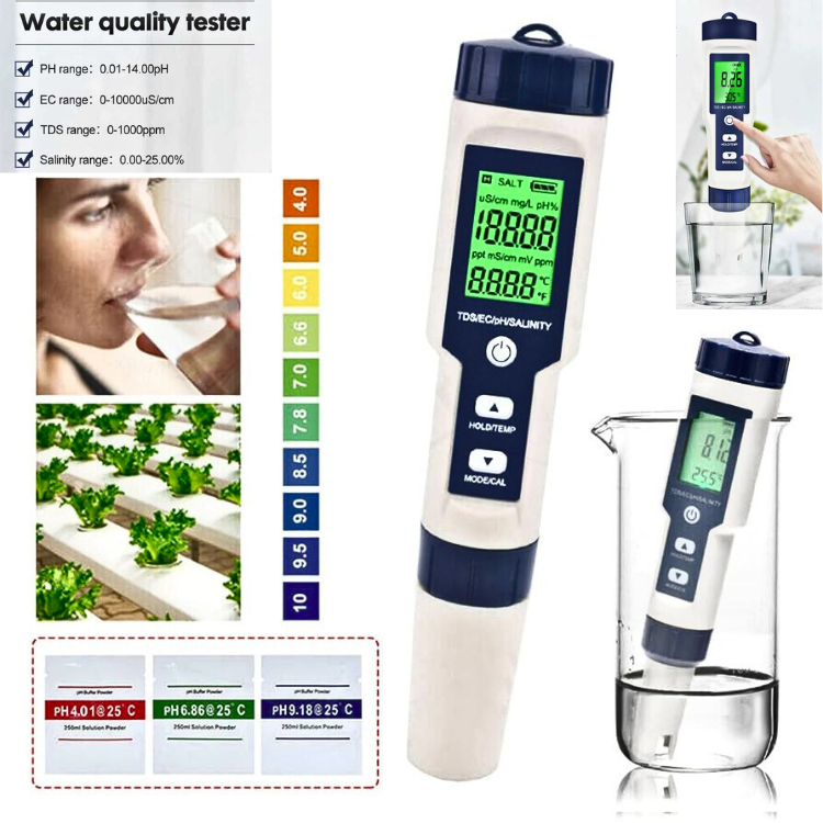 JAYA 5 in 1 Pen Alat Ukur Uji Kualitas Suhu Air PH Meter Digital Tester Air aquarium TDS EC Salinity