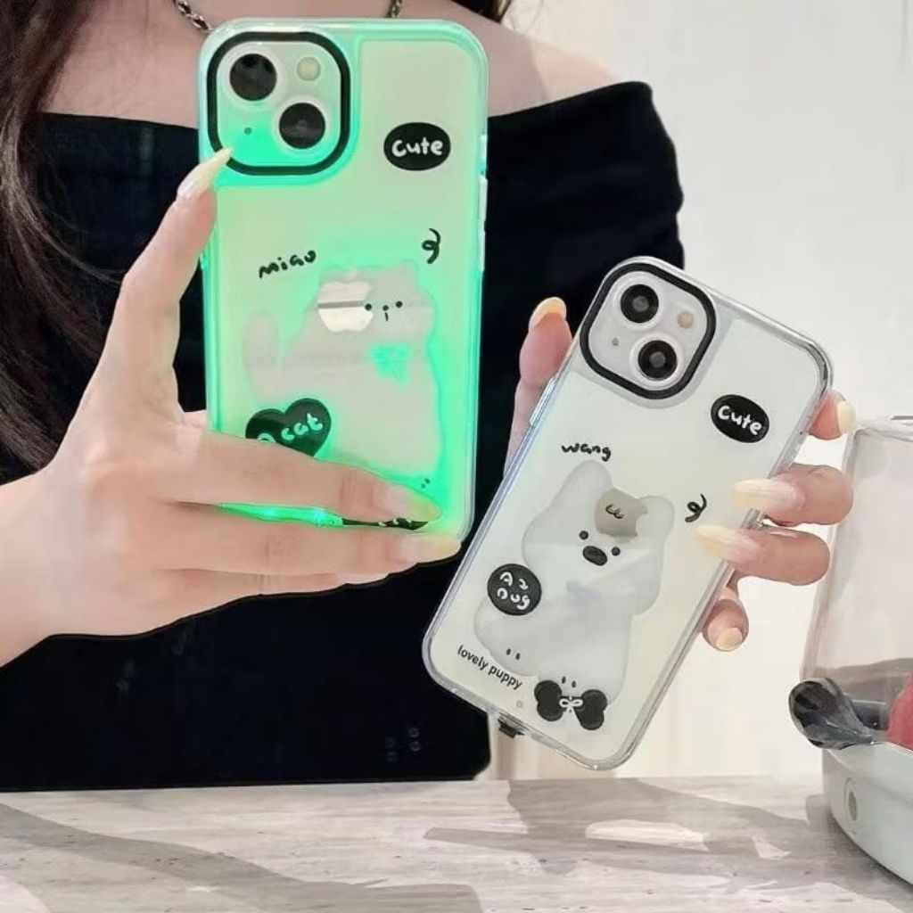 ( LED DOG/CAT ) Case Clear Premium Lampu Led Menyala Warna Warni For iPhone 11 12 13 14 15 16 17 Pro