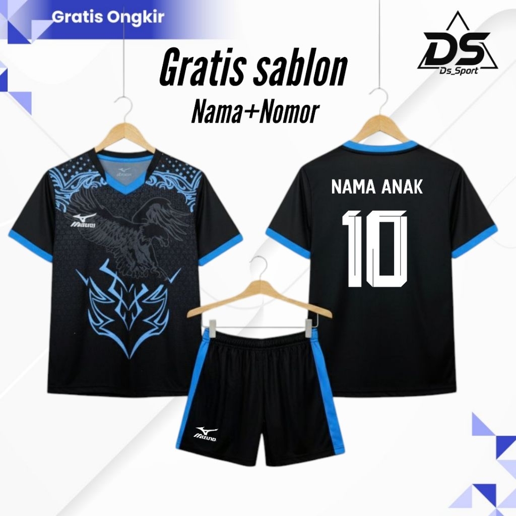 Mizuno-Setelan Jersey Olahraga Volly Anak Usia 5-14 Thn Custom Nama+Nomor, Baju Bola Anak Dry-Fit