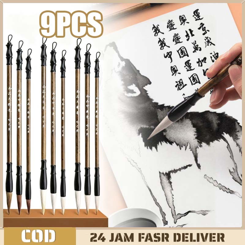 9pcs Kuas Kaligrafi Cina Maobit Bulu Alami Set Kuas Tulis Presisi Tinggi untuk Seni Lukis