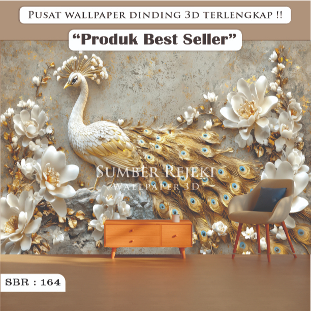 Wallpaper Custom 3D Tema Burung Merak | Wallpaper Dinding Stiker Vynil Import Motif Burung Merak 3D 