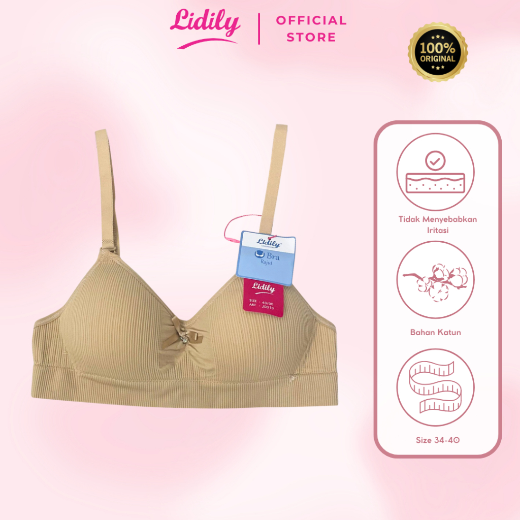 Lidily - Daily Bra Rajut Katun Bralette BH 3 Kaitan Bra Busa Tanpa Kawat J0616