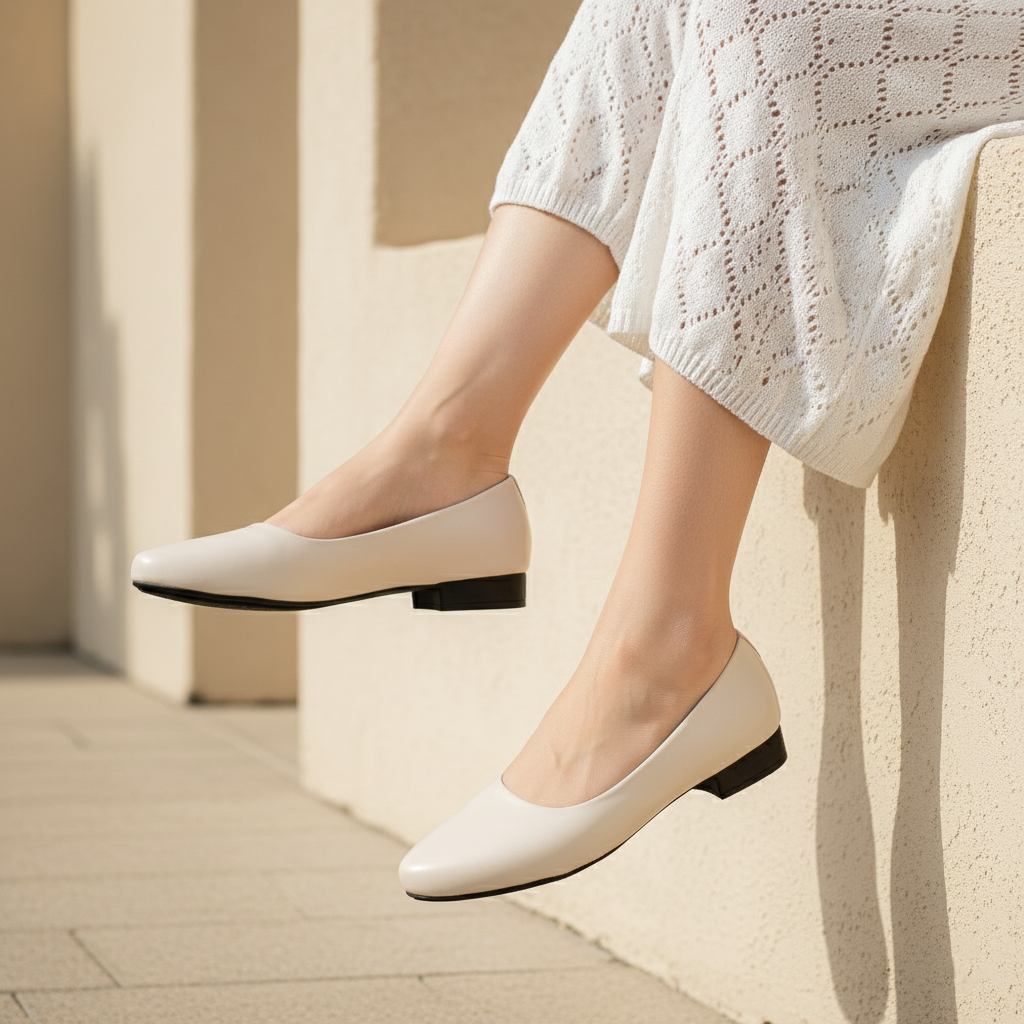 Sepatu Flat Shoes Wanita Balet Polos Sol Karet Kerja Wanita Hak Chunky Heels 3cm Nora