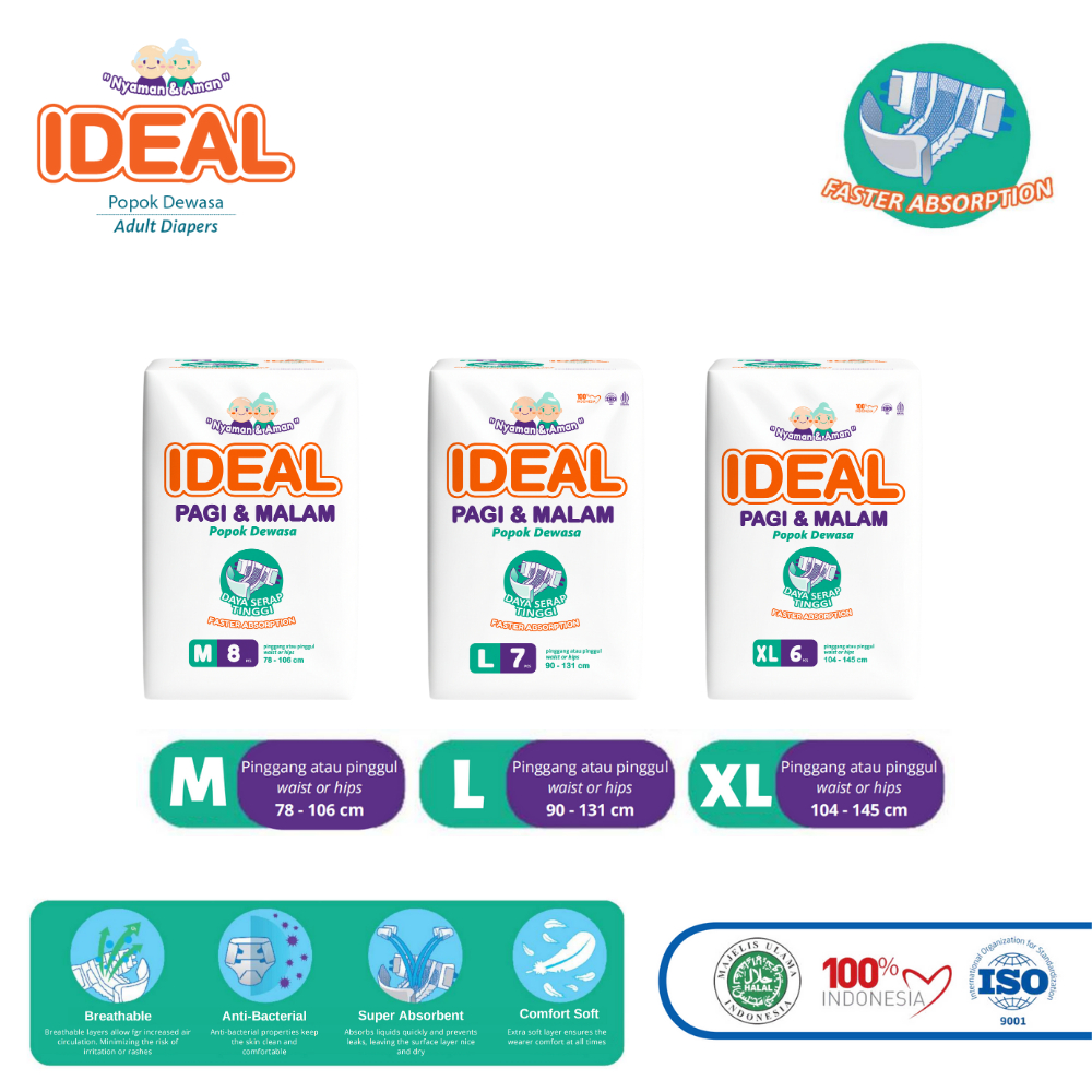 [Karton] IDEAL Popok Dewasa Tipe Perekat size M8 L7 XL6  Anti Bocor Anti Ruam Nyaman