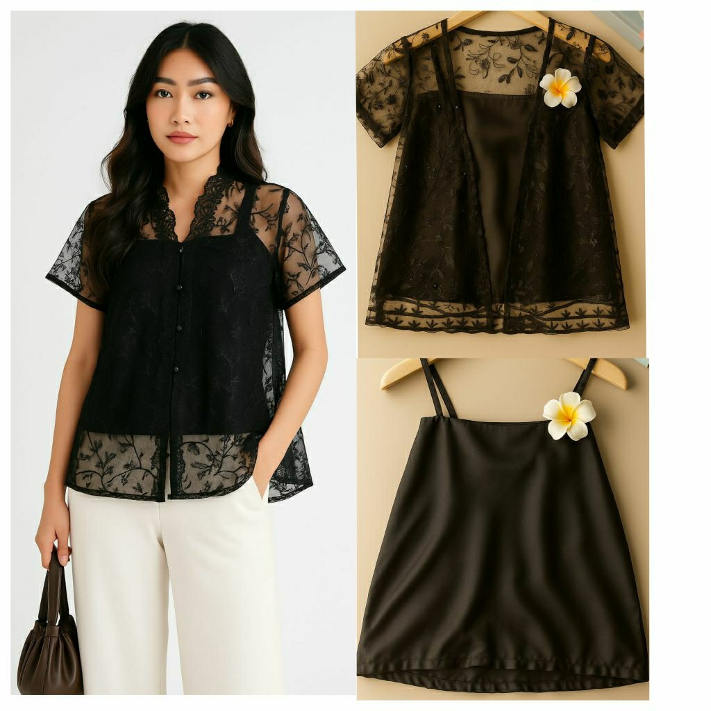 Set Kondangan Outer Tile dan tanktop / Outer tile dan inner / Outer tile mutiara lengan pendek / Set