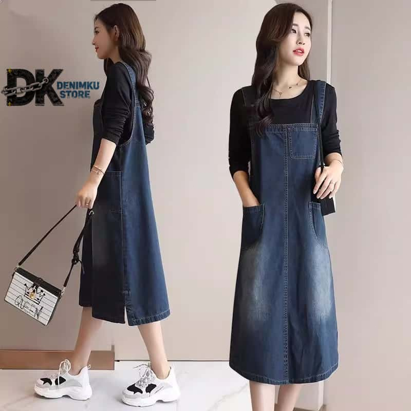 Dress Denim Wanita Lengan Panjang-Rok jeans Wanita -Skirt Jeans-Rok Jeans Panjang Wanita