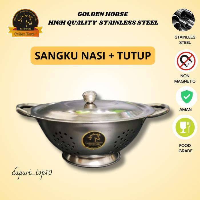 SANGKU NASI + TUTUP STAINLESS ASLI / GOLDEN HORSE/ BAKUL NASI / TEMPAT NASI STAINLESS
