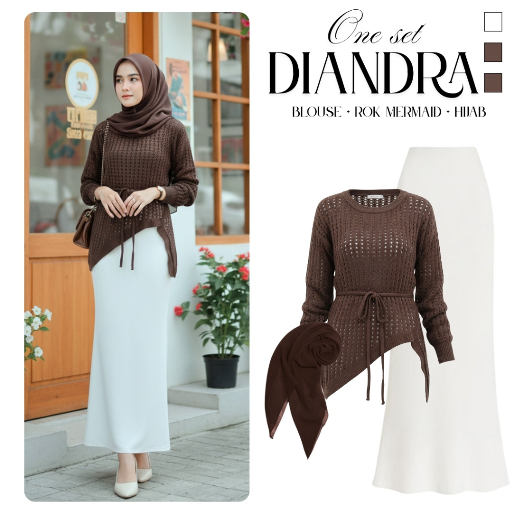 One Set 3in1 Hijab Style ( Blouse + Rok + Jilbab ) Diandra Setelan Outfit Remaja Cewek Kekinian Ootd