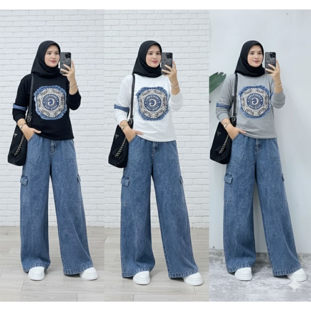 Set Kaos Panjang Celana Jeans Wanita Kulot Setelan Baju Kaos - Denim Import Korean Style - Kulot Den