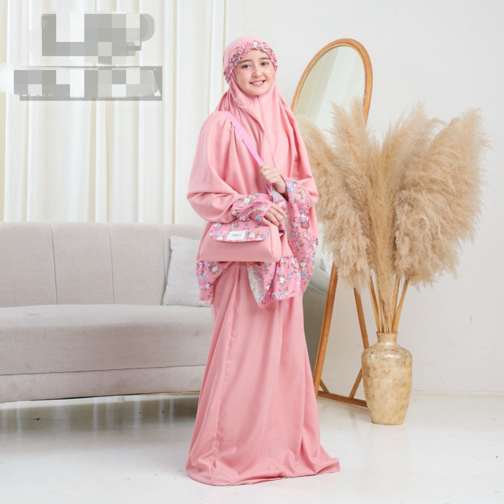 mukena anak premium lucu 2in1 motif bunga tas Selempang