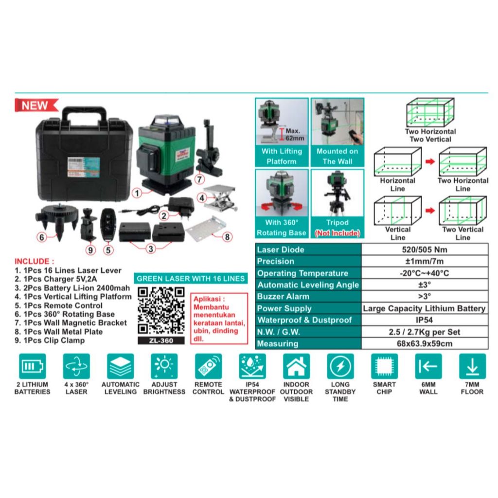 Laser bangunan waterpas laser 4D wipro ZL 360 || (ZL-360 WIPRO) Waterpass Laser 4 Line 4D 360 Deraja
