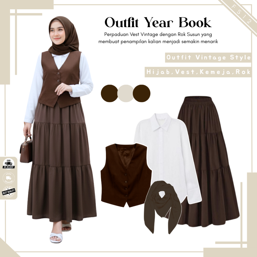 Outfit Vintage Yearbook ( Hijab + Kemeja + Vest + Rok ) OOTD YearBook Kekinian - FS11