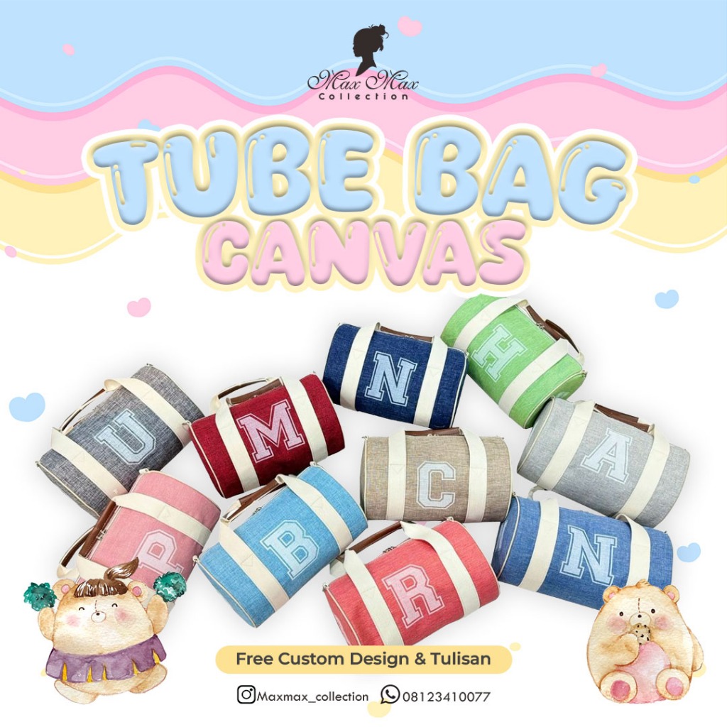 Souvenir Ulang Tahun/Goodie Bag Anak - Tas Selempang Duffle - Tube Bag Canvas Custom Nama Karakter K