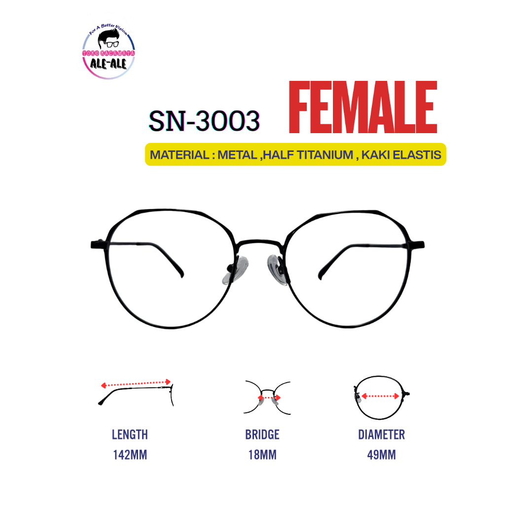 Kacamata Wanita Bulat SN-3003 | Frame Ringan Anti Karat Half Titanium