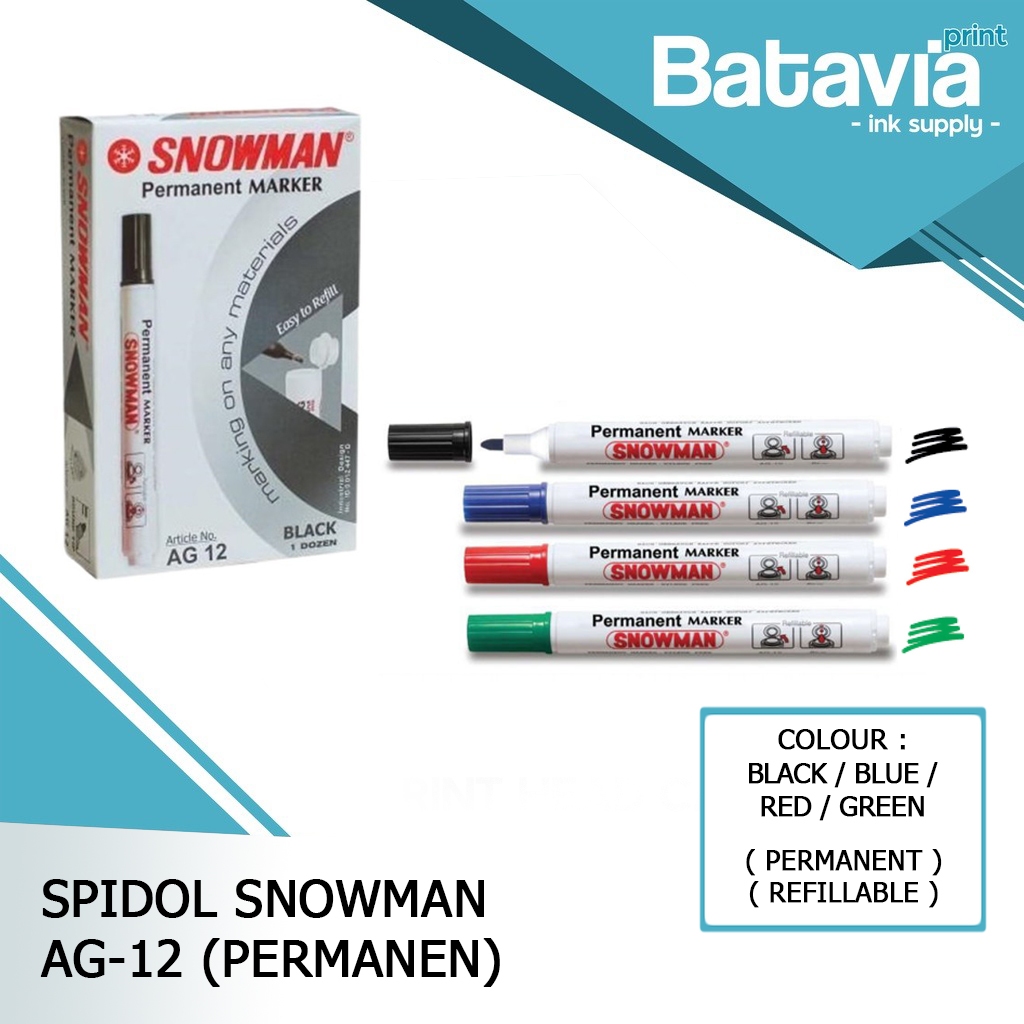 SPIDOL SNOWMAN AG-12 PERMANEN 1 LUSIN ( 12 PCS ) HITAM | BIRU | MERAH | HIJAU