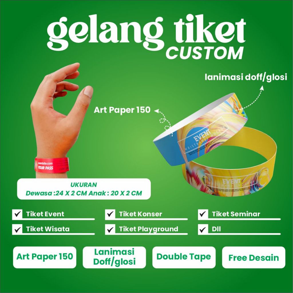 Cetak Tiket Gelang Custom Wristband Event Konser - Anti Sobek & Anti Air (Free Desain)