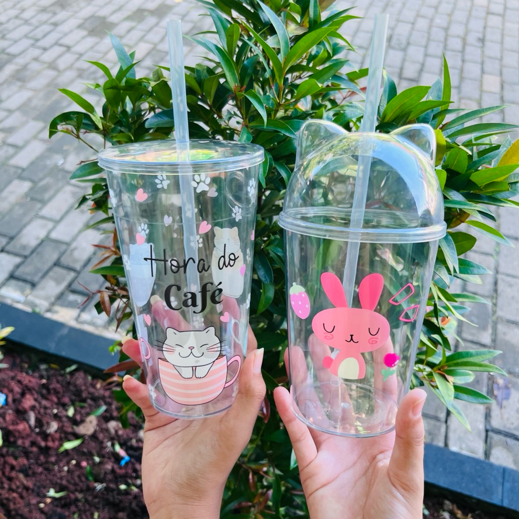 Tumbler Kucing Plastik Dengan Sedotan Tumbler Glass/Gelas Karakter lucu/Gelas Kopi
