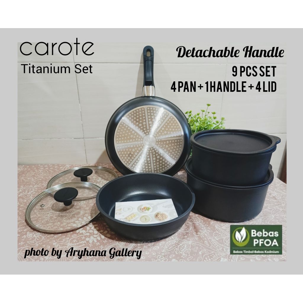 Original by Carote. CAROTE 9 pcs set Peralatan Masak Lapisan Titanium Dengan Gagang Lepas Pasang Mem