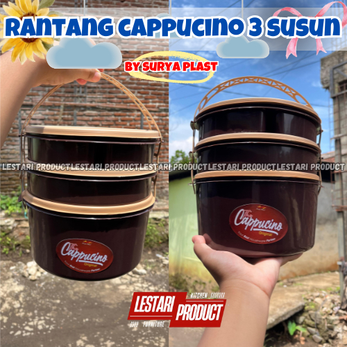 [3 pcs] Rantang Plastik Capuccino 3 Susun 3 Liter 4 Sekat bagian atasnya | Wadah Hajatan | rantang B
