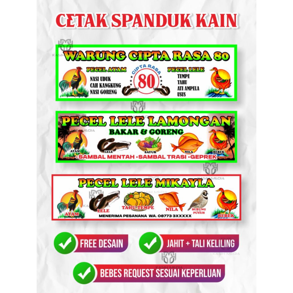(FREE DESAIN) CETAK SPANDUK KAIN PECEL LELE, NASI UDUK, NASI BEBEK, NASI GORENG, ANGKRINGAN