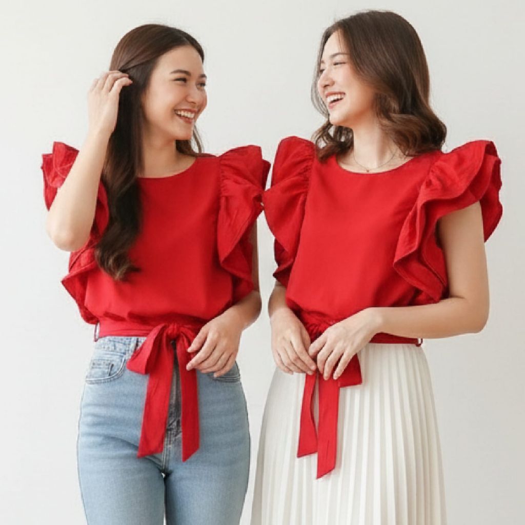 Atasan Blouse Wanita Ruffle Lengan Pendek Merah​ | Blouse Wanita Korea Merah Ruffle Lengan Kekinian​